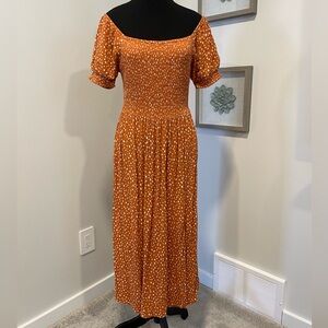 Roxy Terracotta/White Polka Dot Smocked Midi Dress with Slit & Puff Sleeves EUC